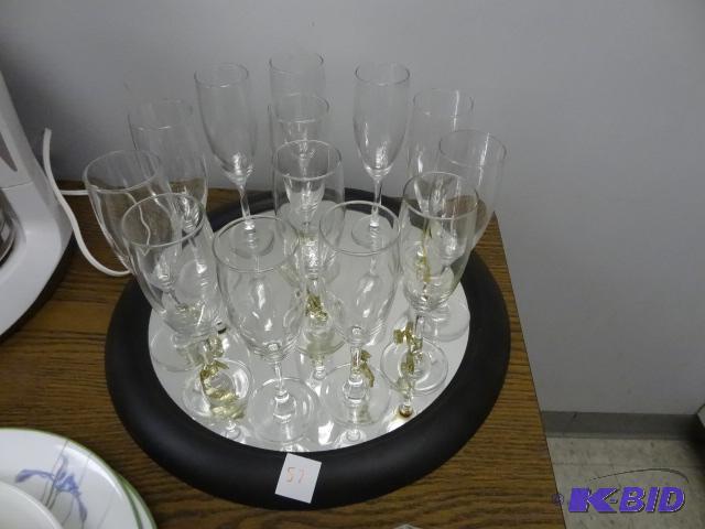 lot 57 image: 13 Champagne Glasses with Mirrored Tray...