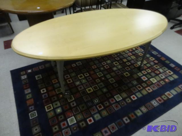 lot 72 image: Oval Wood Top Table with Metal Frame on Wheel...