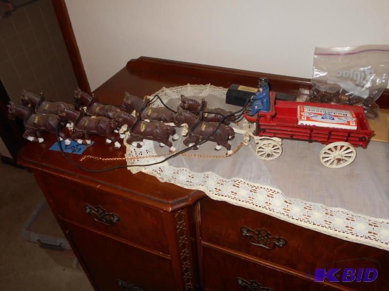 lot 116 image: Budwesier Clydesdales and wagon. Metal. Comes...