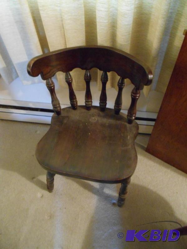 lot 15 image: Wood captains chair, one leg broken, some ble...