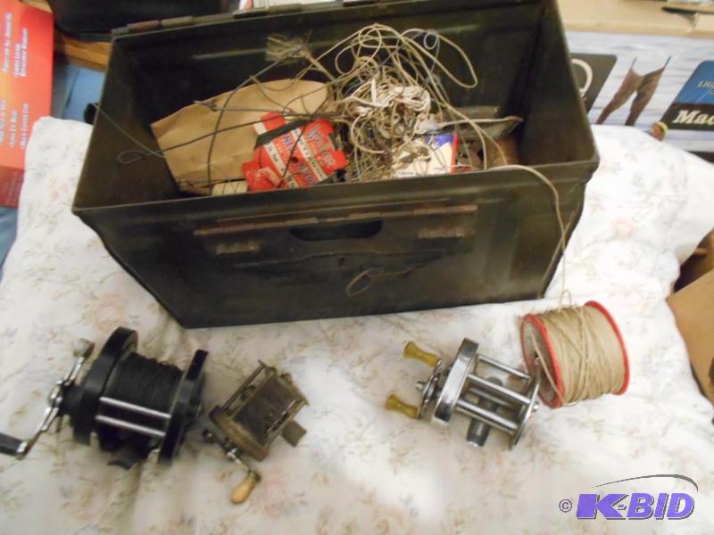 lot 296 image: Miscellaneous reels and line in ammo box...