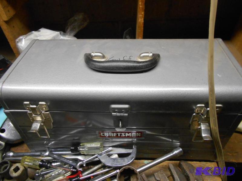 lot 332 image: tool box with miscellaneous tools. All pictur...