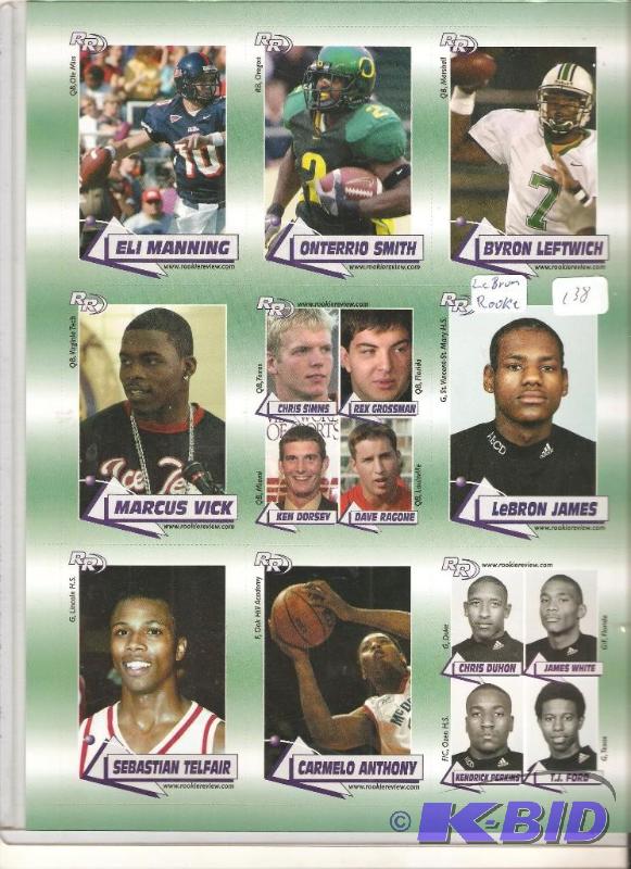 lot 138 image: Rookie Review LeBron James, Carmelo Anthony , Eli Manning Rookie Cards- uncut sheet