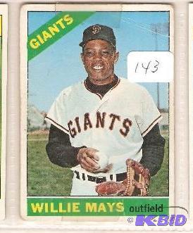 lot 143 image: 1966 Willie Mays Card- has tape on it and back damage