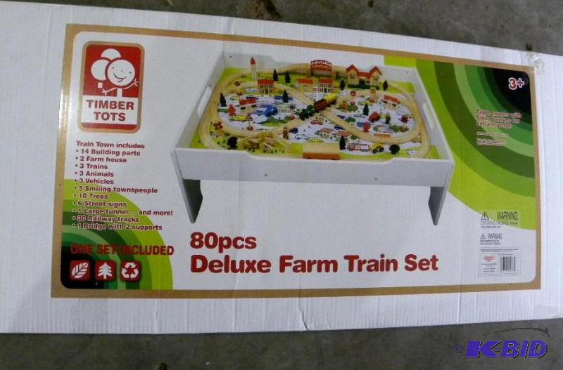 lot 71 image: 80 Pc Deluxe Wooden Train Set and Table, trac...