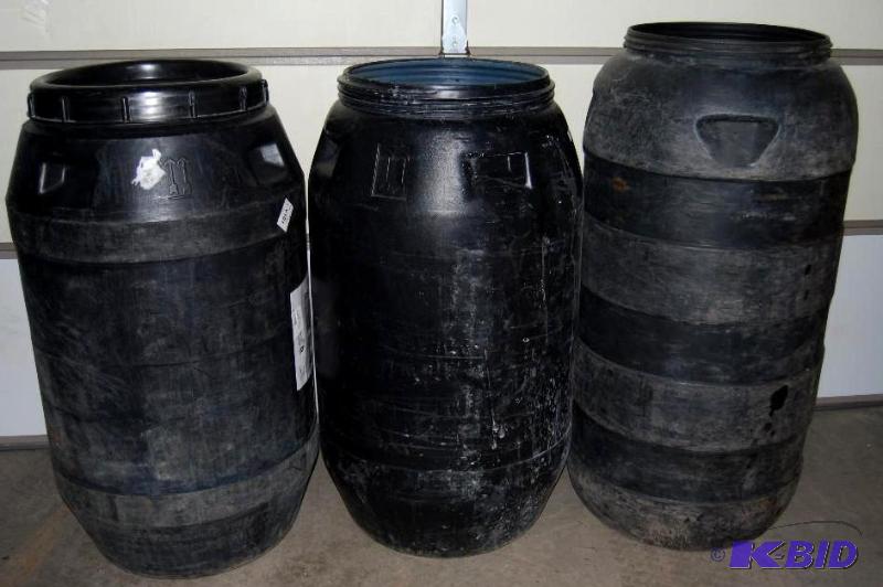 lot 77 image: Lot of 3 HD Plastic Barrels, 58 and 70 gallon...