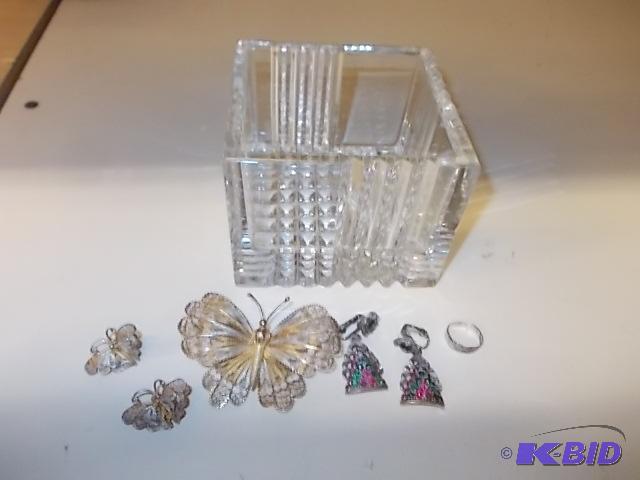 Square Crystal Dish, Assorted Jewelry, Pins, ...