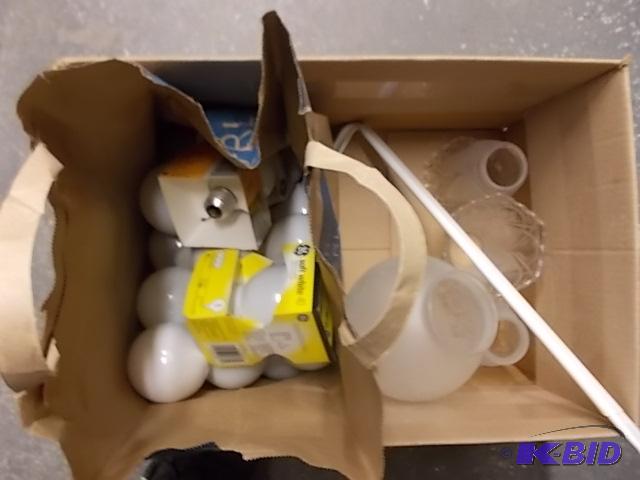 Box Of Assorted Light Bulbs And Light Fixture...