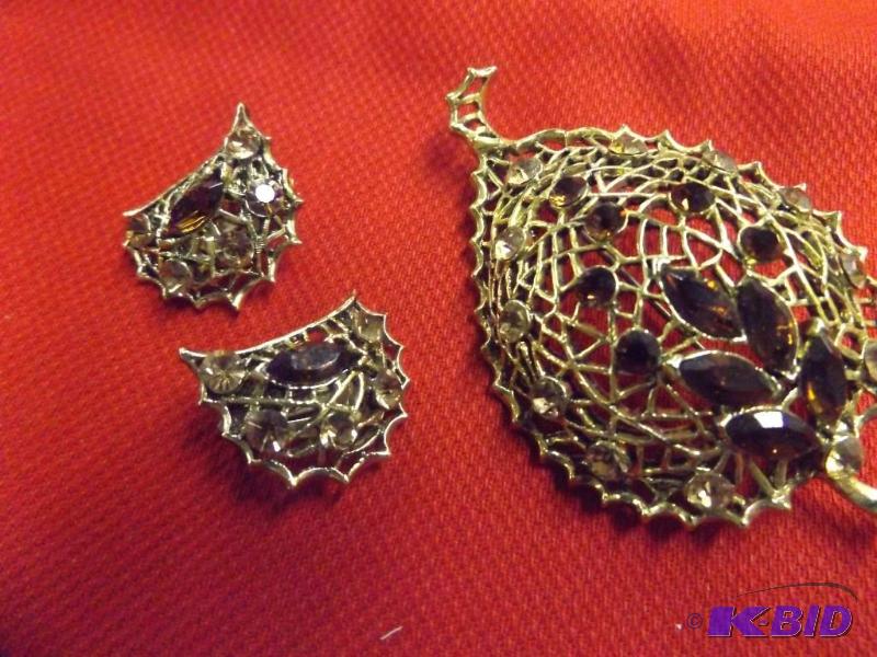 Chocolate Gemstone on Gold Broach and Earrings