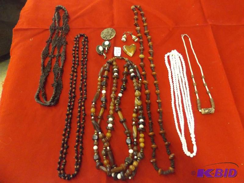 Wood Bead Necklaces, Earrings, Broach