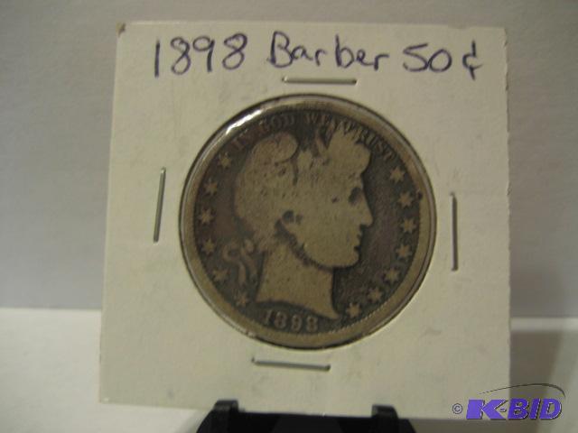 lot 10 image: 1898 BARBER HALF DOLLAR 90% SILVER...