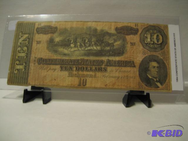 lot 105 image: 1864 CONFEDERATE STATES OF AMERICA TEN DOLLAR...