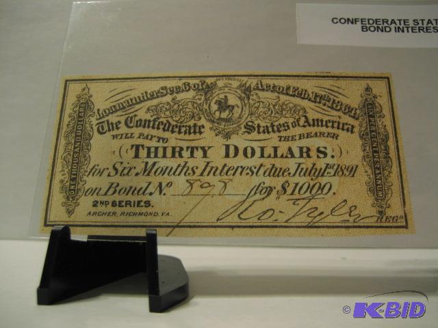 lot 106 image: CONFEDERATE STATES OF AMERICA BOND INTEREST R...