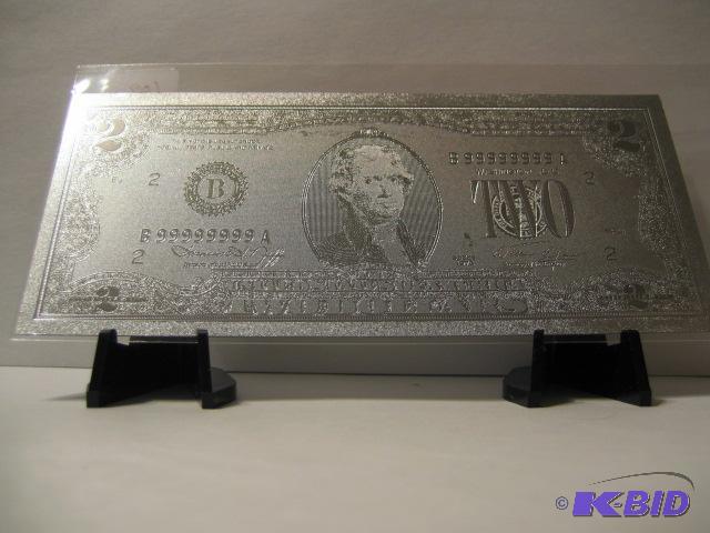 lot 109 image: 2 DOLLAR SILVER BILL, PURE .999 SILVER PRESSE...