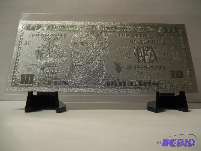 lot 111 image: 10 DOLLAR SILVER BILL, PURE .999 SILVER PRESS...