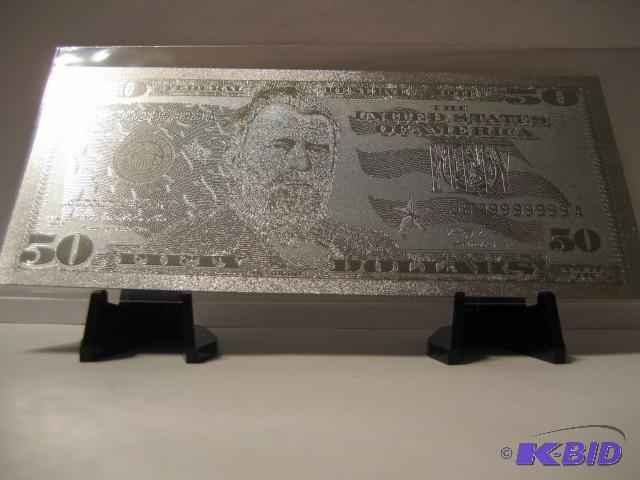 lot 113 image: 50 DOLLAR SILVER BILL, PURE .999 SILVER PRESS...