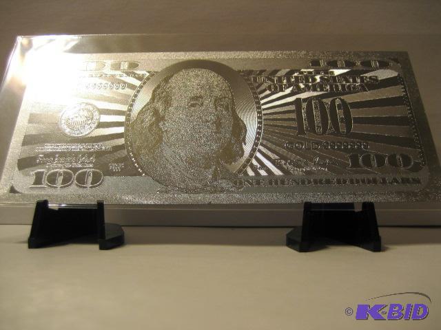 lot 114 image: 100 DOLLAR SILVER BILL, PURE .999 SILVER PRES...