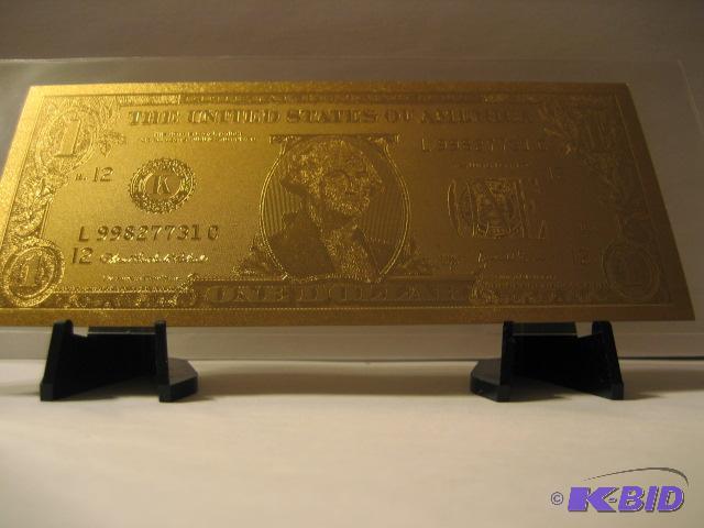 lot 115 image: 1 DOLLAR GOLD BILL, PURE 24K GOLD PRESSED ONT...
