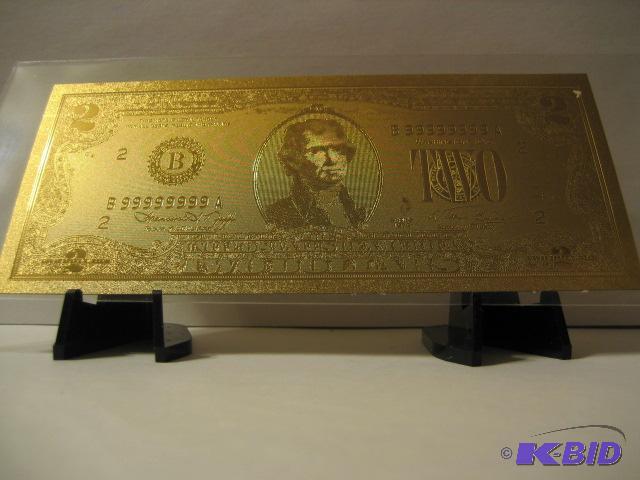 lot 116 image: 2 DOLLAR GOLD BILL, PURE 24K GOLD PRESSED ONT...