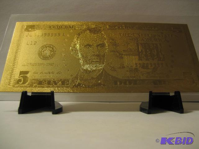 lot 117 image: 5 DOLLAR GOLD BILL, PURE 24K GOLD PRESSED ONT...