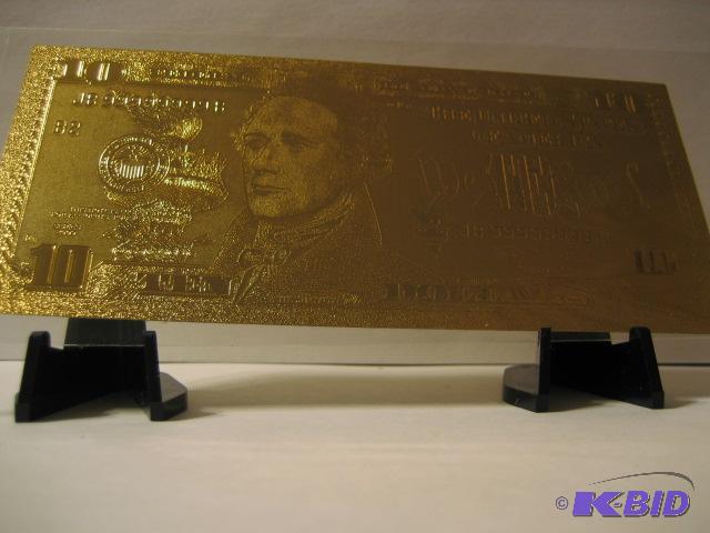 lot 118 image: 10 DOLLAR GOLD BILL, PURE 24K GOLD PRESSED ON...