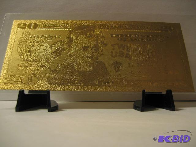 lot 119 image: 20 DOLLAR GOLD BILL, PURE 24K GOLD PRESSED ON...