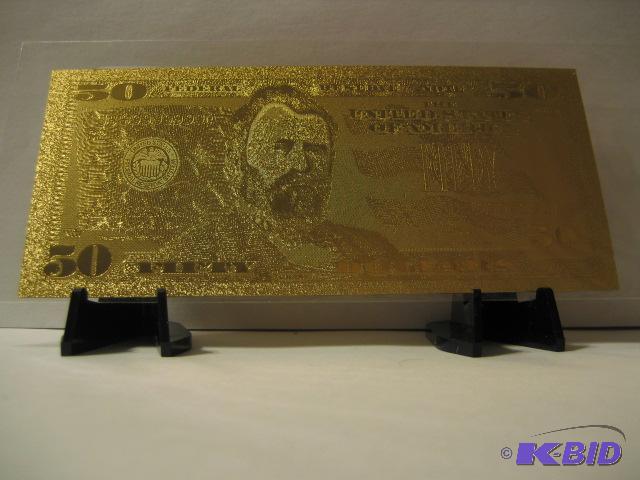 lot 120 image: 50 DOLLAR GOLD BILL, PURE 24K GOLD PRESSED ON...