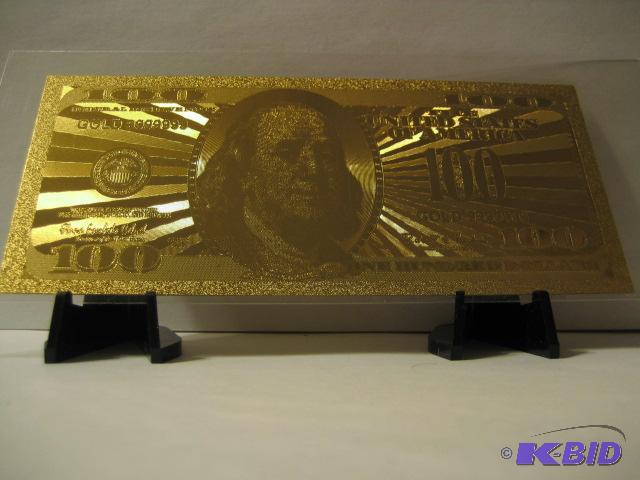 lot 121 image: 100 DOLLAR GOLD BILL, PURE 24K GOLD PRESSED O...