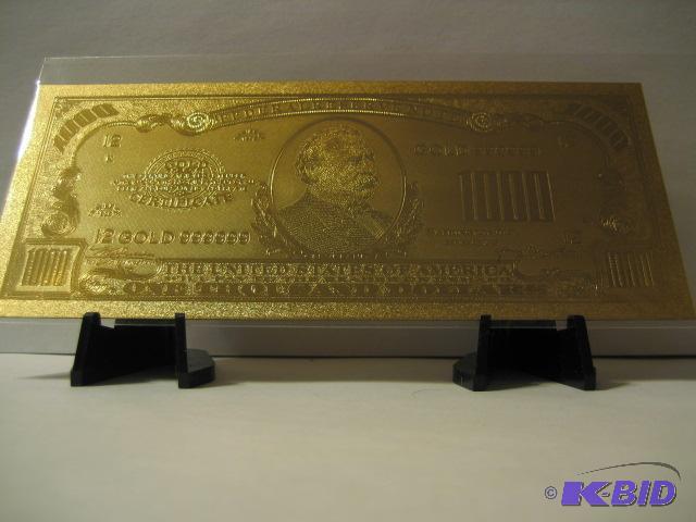 lot 123 image: 1,000 DOLLAR GOLD BILL, PURE 24K GOLD PRESSED...