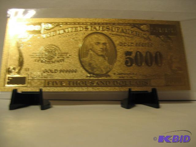 lot 124 image: 5,000 DOLLAR GOLD BILL, PURE 24K GOLD PRESSED...