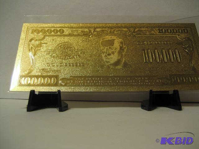 lot 125 image: 100,000 DOLLAR GOLD BILL, PURE 24K GOLD PRESS...