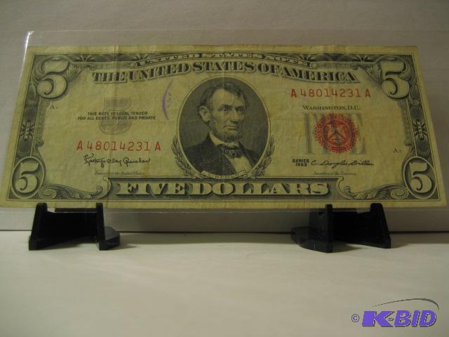 lot 126 image: 1963 FIVE DOLLAR RED SEAL NOTE...