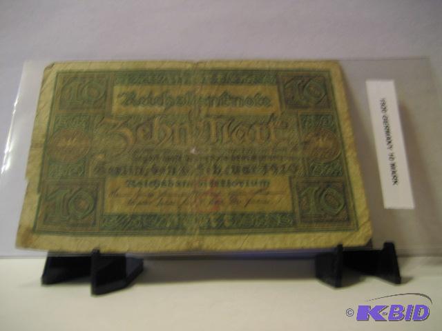 lot 168 image: 1920 GERMANY 10 MARK FOREIGN NOTE...