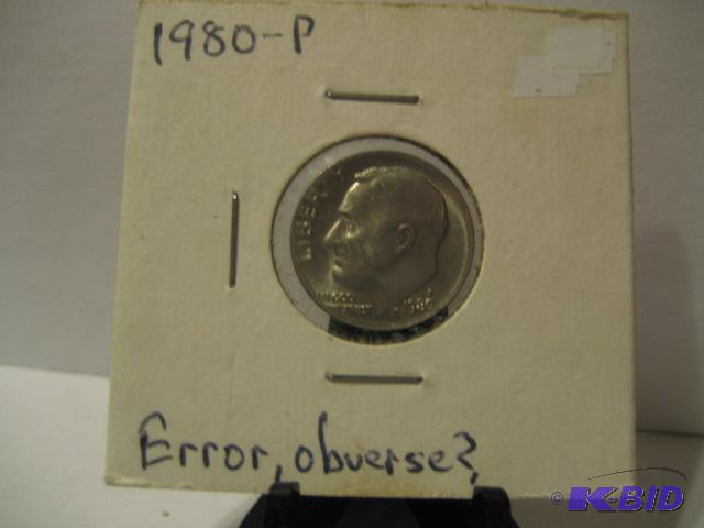 lot 17 image: 1980-P ROOSEVELT DIME ERROR OBVERSE ...