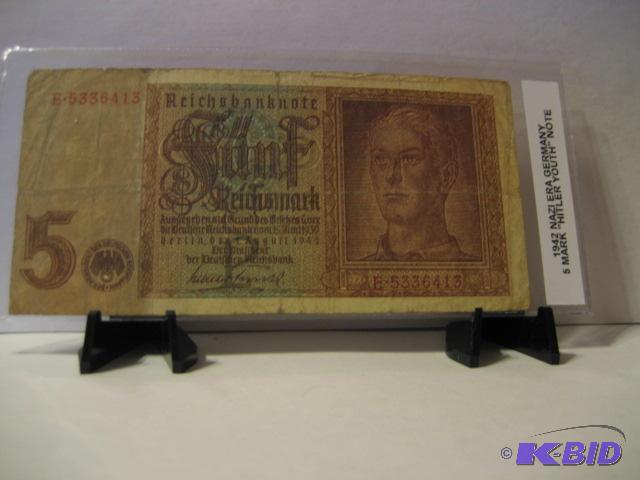 lot 170 image: 1942 GERMANY 5 MARK FOREIGN NOTE...