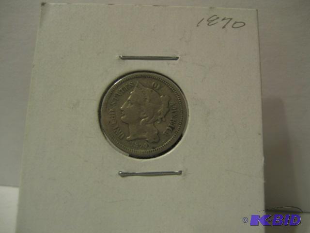 lot 18 image: 1870 THREE CENT NICKEL...