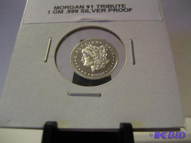 lot 188 image: MORGAN ONE DOLLOR TRIBUTE 1 GM .999 SILVER PR...