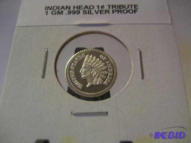 lot 189 image: INDIAN HEAD ONE CENT 1 GM .999 SILVER PROOF...
