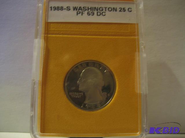 lot 203 image: 1988-S WASHINGTON 25 C PF 69 DC SLAB...