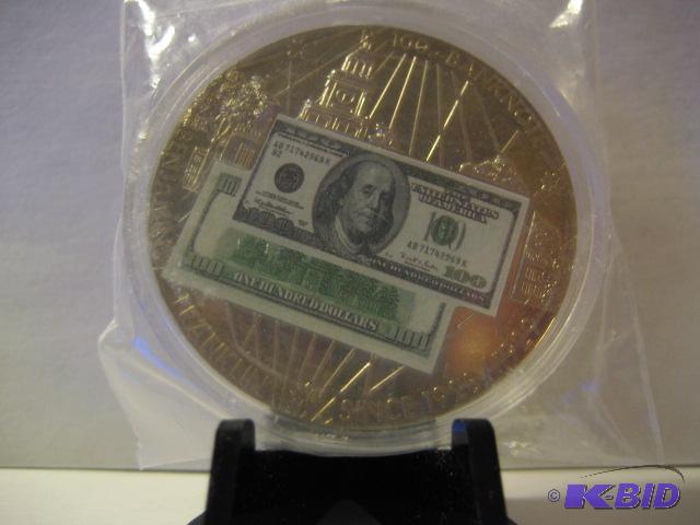 lot 206 image: 1928 BEN FRANKLIN 100 BANKNOTE TRIBUTE COIN...