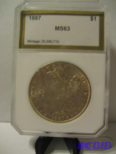 lot 5 image: 1887 UNCIRCULATED MORGAN SILVER DOLLAR SLABBE...