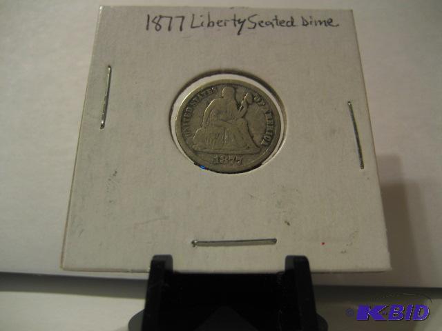 lot 58 image: 1877 LIBERTY SEATED DIME PART LIBERTY ON SHIE...