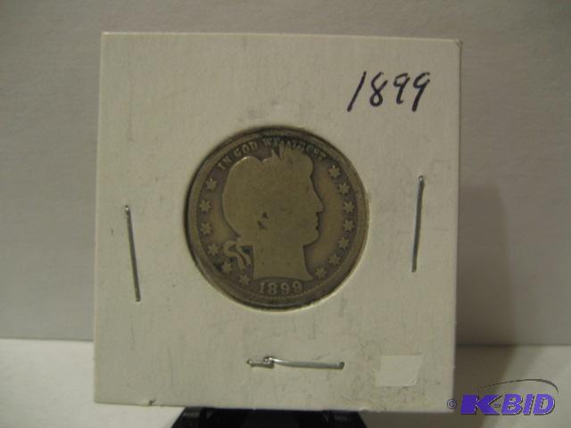 lot 6 image: 1899 BARBER QUARTER DOLLAR 90% SILVER...