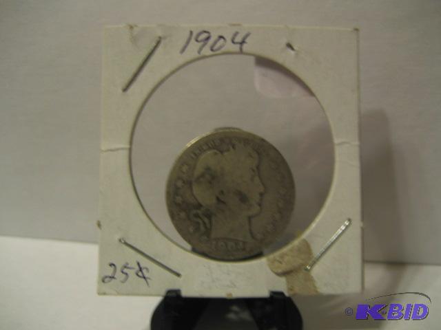 lot 7 image: 1904 BARBER QUARTER DOLLAR 90% SILVER...