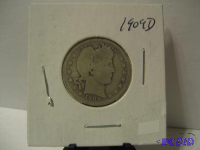 lot 8 image: 1909 D BARBER QUARTER DOLLAR 90% SILVER...