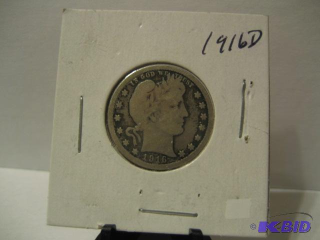 lot 9 image: 1916 D BARBER QUARTER DOLLAR 90% SILVER...