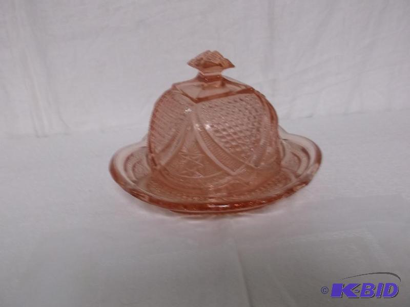 lot 10 image: Beautiful pink depression covered cheese or b...