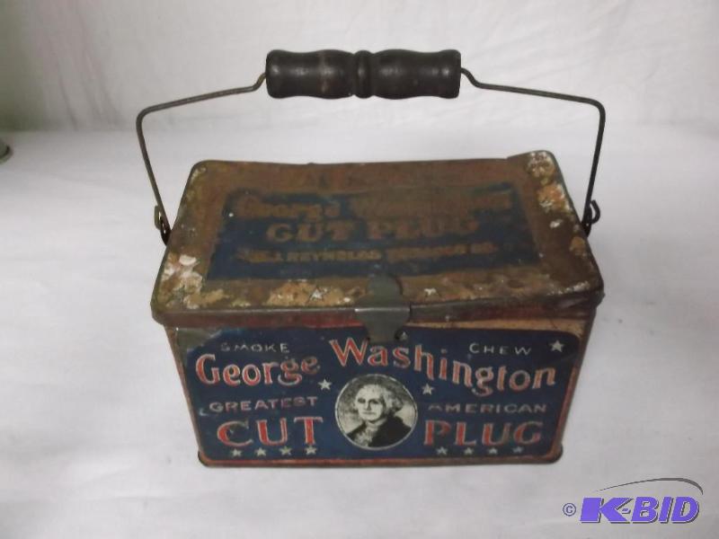 lot 54 image: George Washington cut plug tin box nice colle...