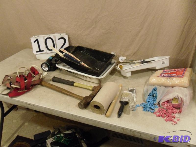 lot 102 image: Paint and tile supplies. Hammers, tile spacer...