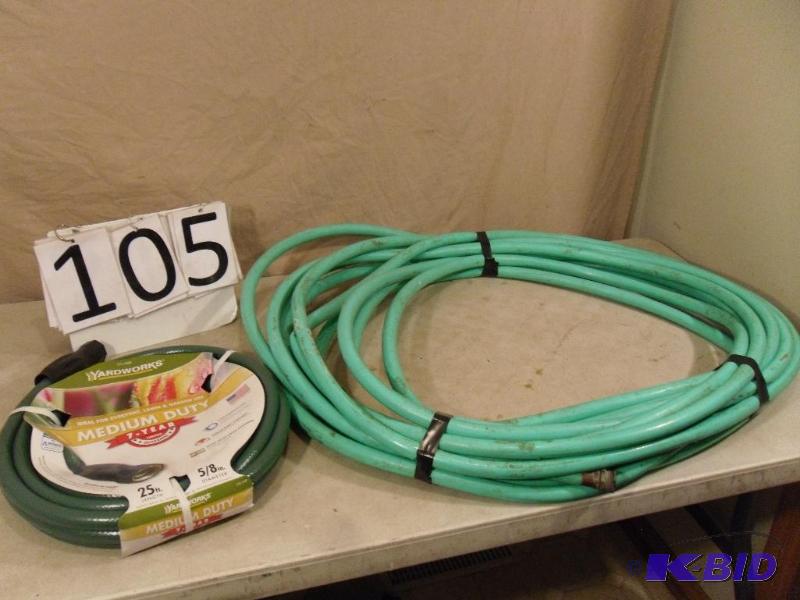 lot 105 image: 2 Garden Hoses. One is a new 25ft....